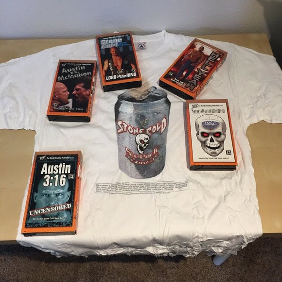 Vintage WWF Stone Cold T Shirt VHS Set Brand New - Picture 2 of 8